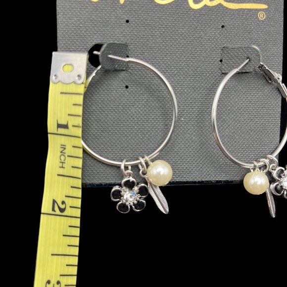 VTG Cookie Lee Earrings Silver Tone Hoops Removeable Charms Flower Feather Pearl - Picture 3 of 5